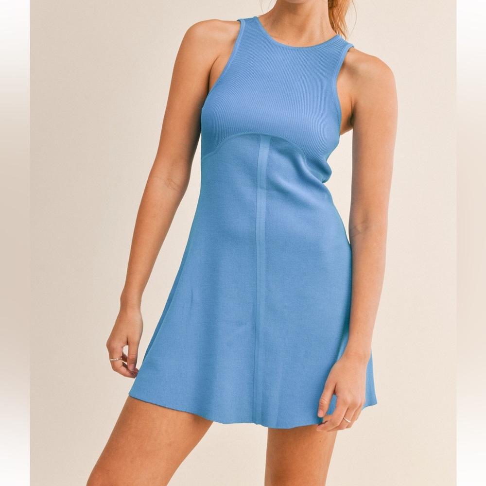 Blue ribbed knit flare dress